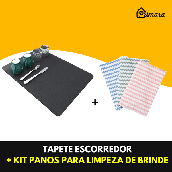 Tapete Escorredor de Louça Absorvente Primar™ + 3 Panos de Microfibra de Brinde